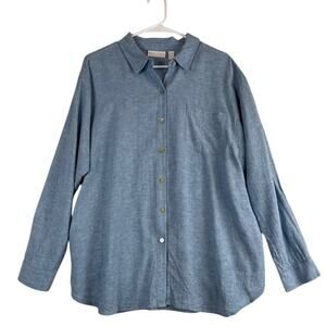 Susan Graver Pure women's linen blend button down blue top.